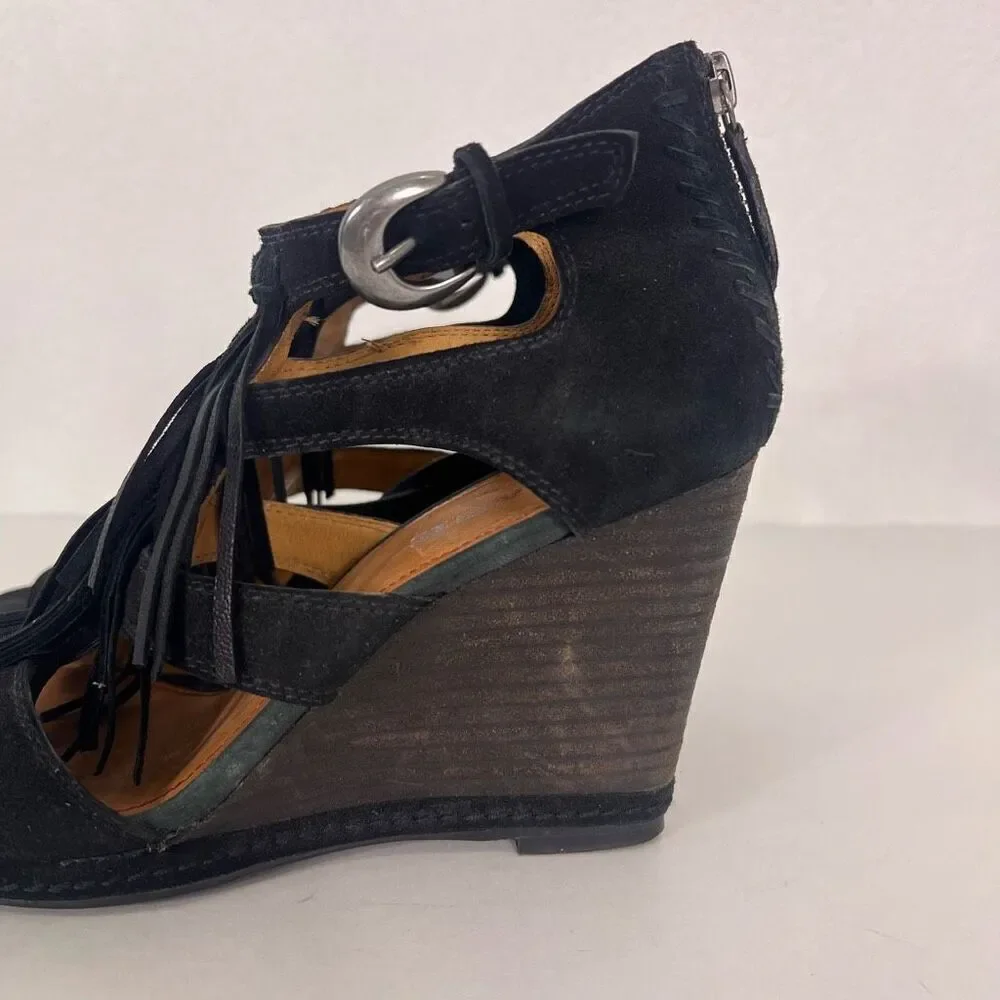 Trask‎ Black Leather Suede Fringe High Heel Wedges